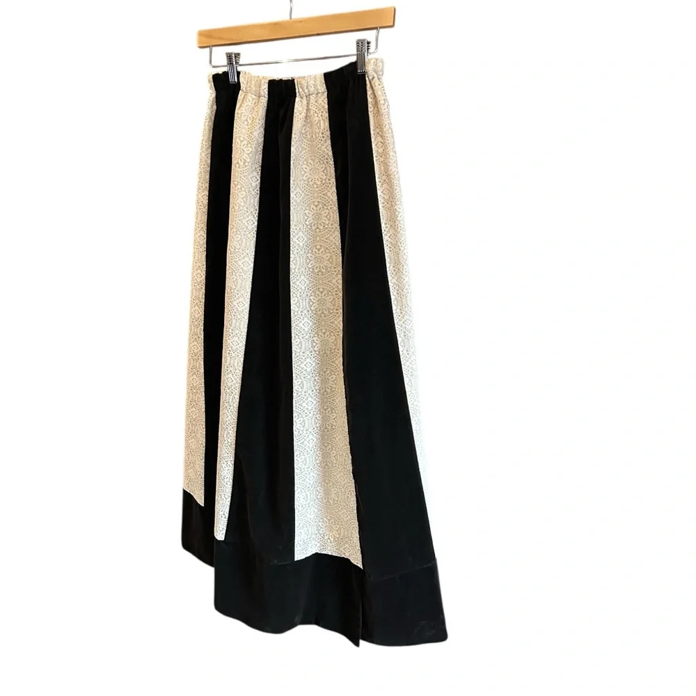 VINTAGE 70s JEANNE BOUCHEVER Cotton Velvet & Lace‎ Patchwork Maxi Skirt S-L